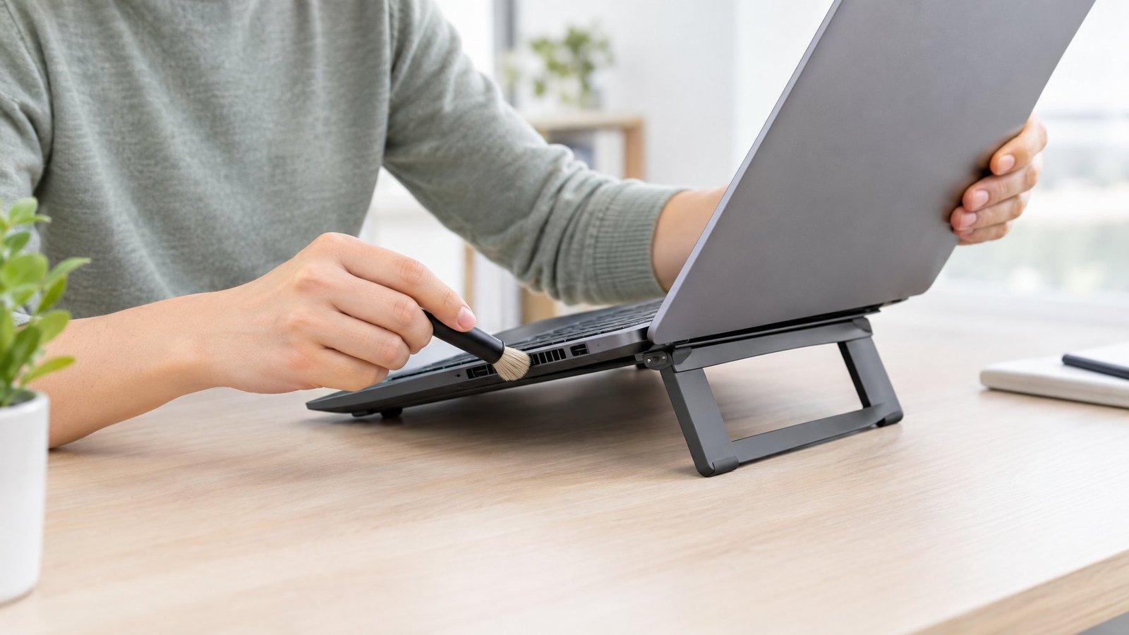 A person clears dust from a laptop's ventilation grille at a desk.