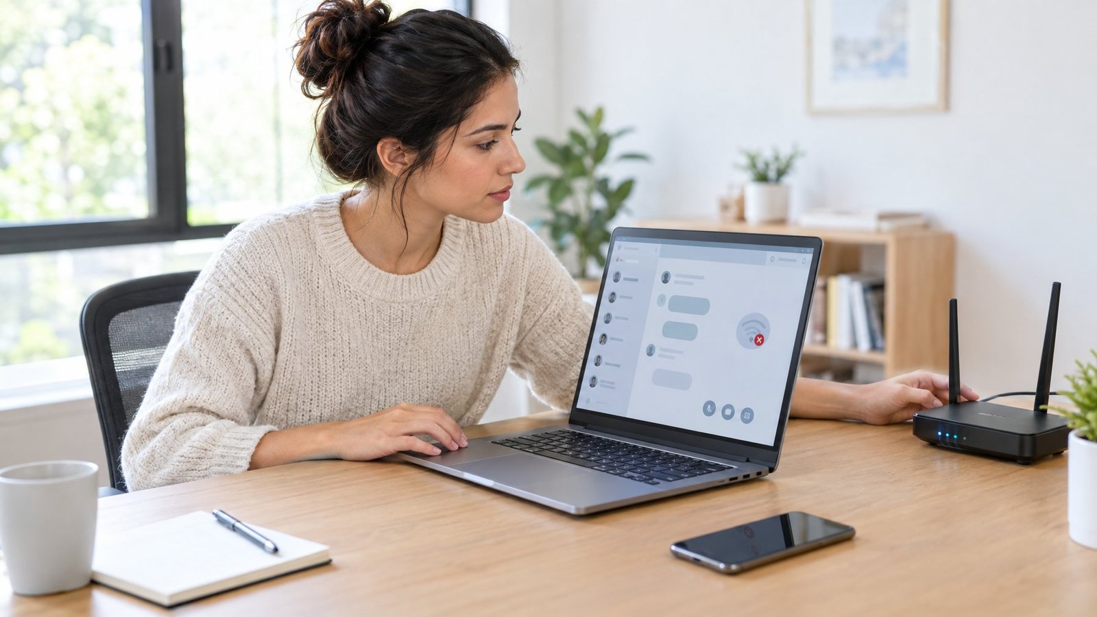 A person checks a laptop and Wi-Fi router at a home-office desk.