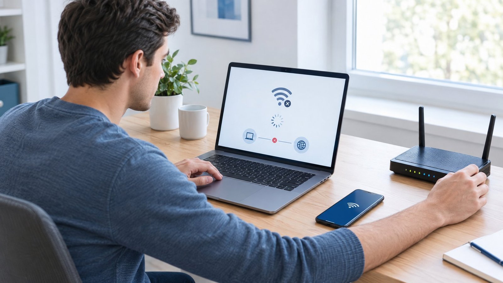 A person checks a laptop's connection and a Wi-Fi router at a desk.