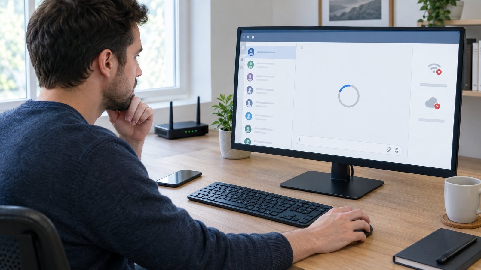 A person investigates a desktop chat app that is stuck connecting.