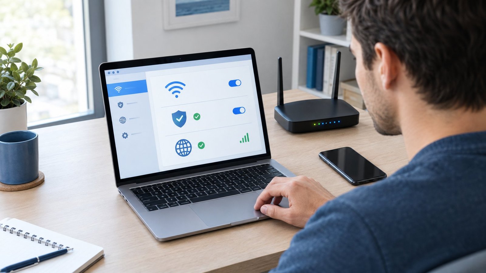 A person checks network settings on a laptop beside a wireless router.
