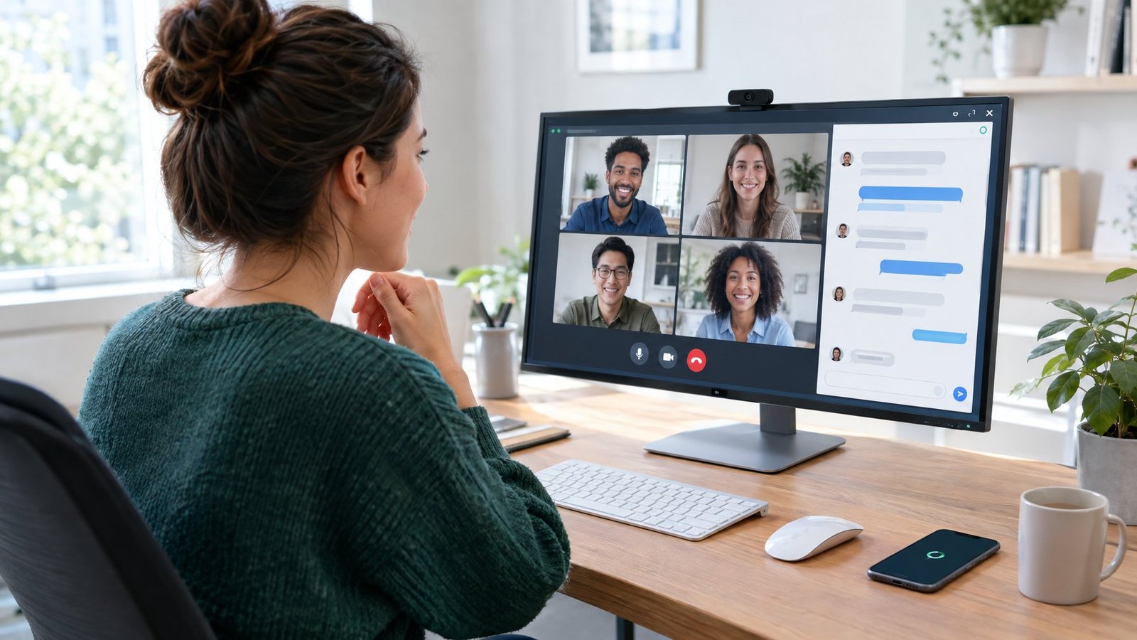 A person at a home-office computer reconnects with friends in an online chat.