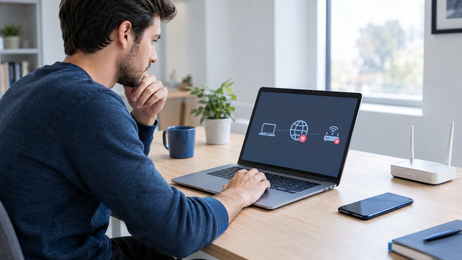 A person checks a laptop beside a Wi-Fi router and smartphone.