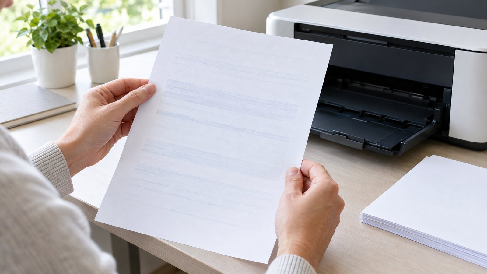 A person examines a test page with faint horizontal streaks beside a printer.