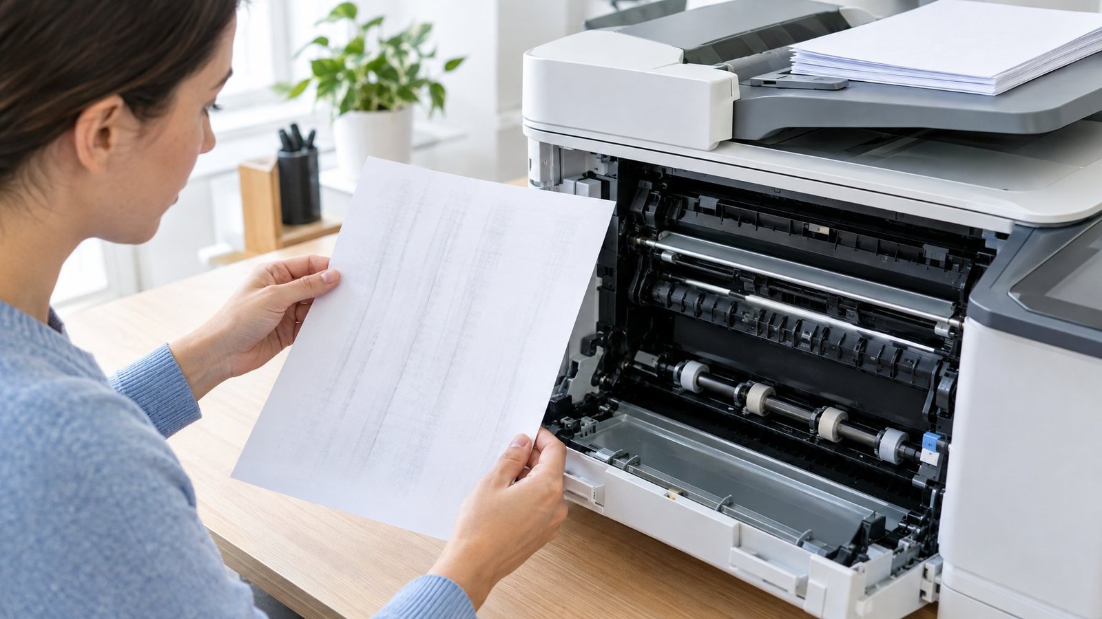 A person checks a streaked printout and inspects the rollers of an open office printer.