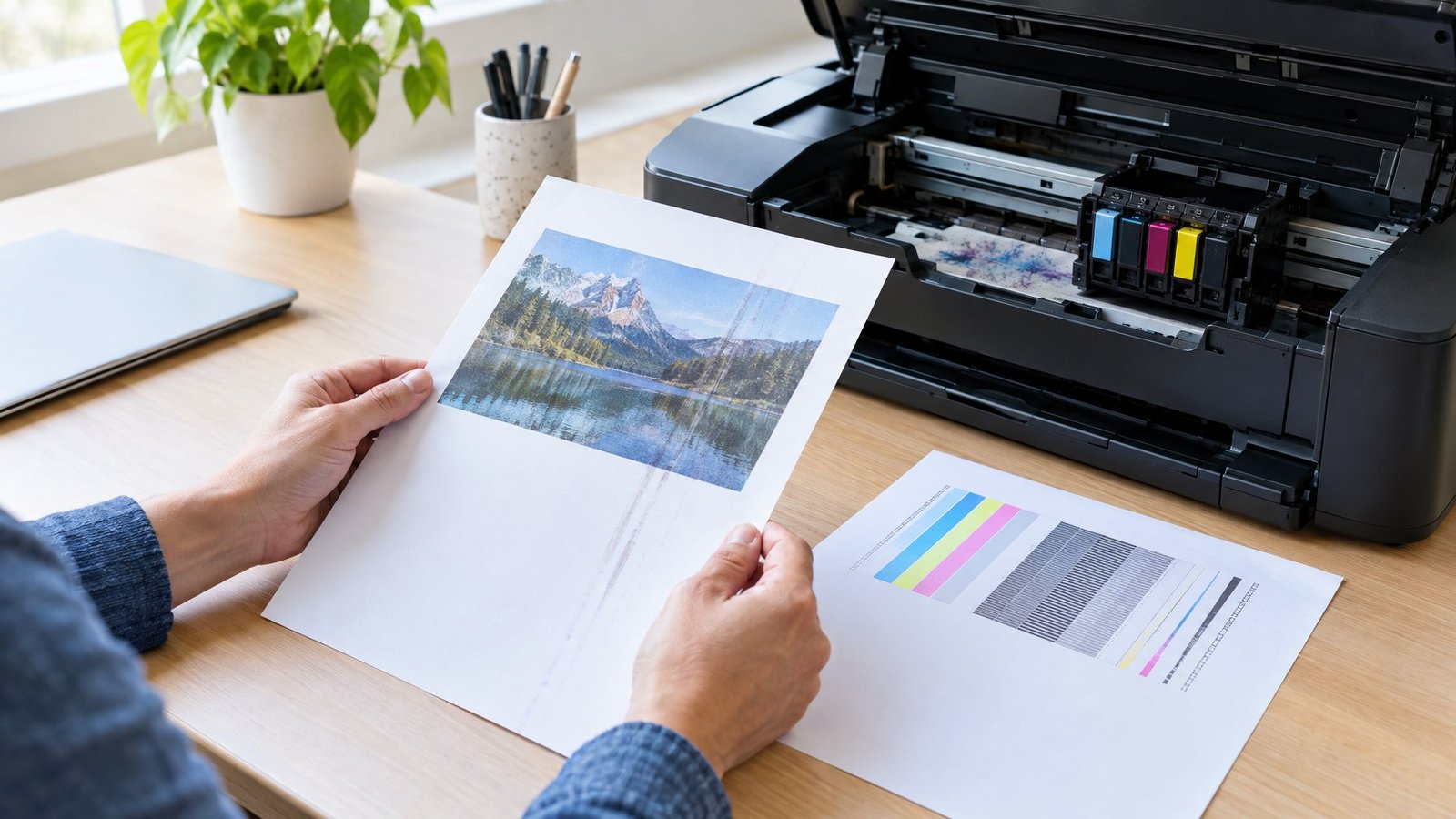 A person examines streaked printer pages beside an open printer.