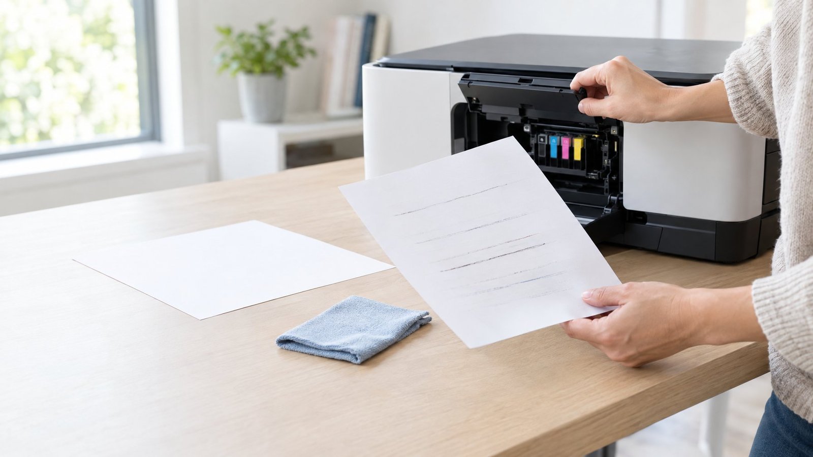 A person checks a streaked printout beside an open desktop printer.