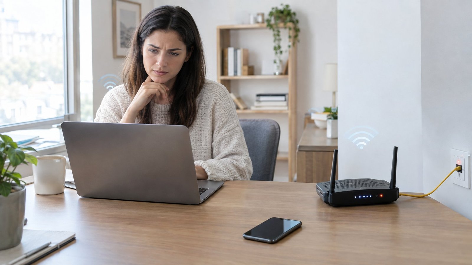 Troubleshooting weak Wi-Fi signal versus internet connection speed on a laptop.