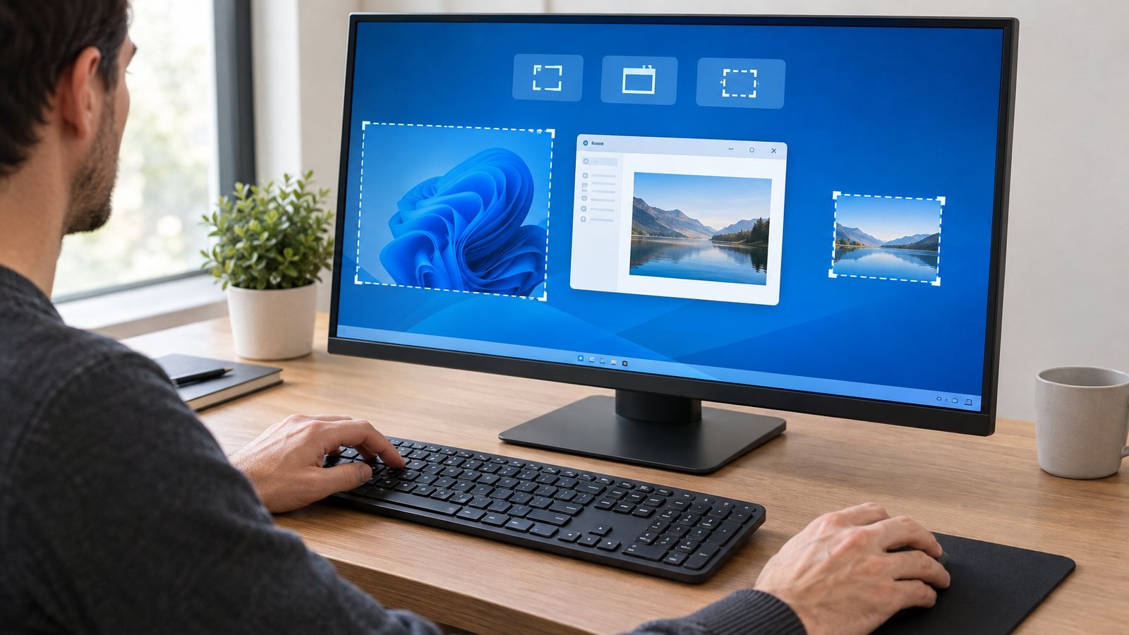 A person using a keyboard and mouse at a desktop computer displaying a Windows-style workspace.