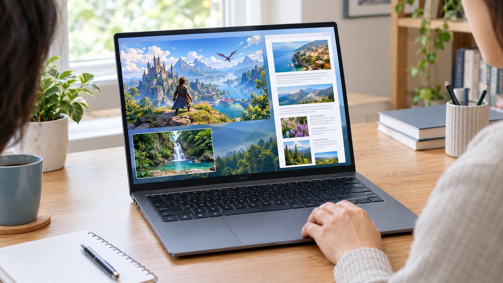 A person uses a Windows laptop displaying a game, a webpage, and a paused video.