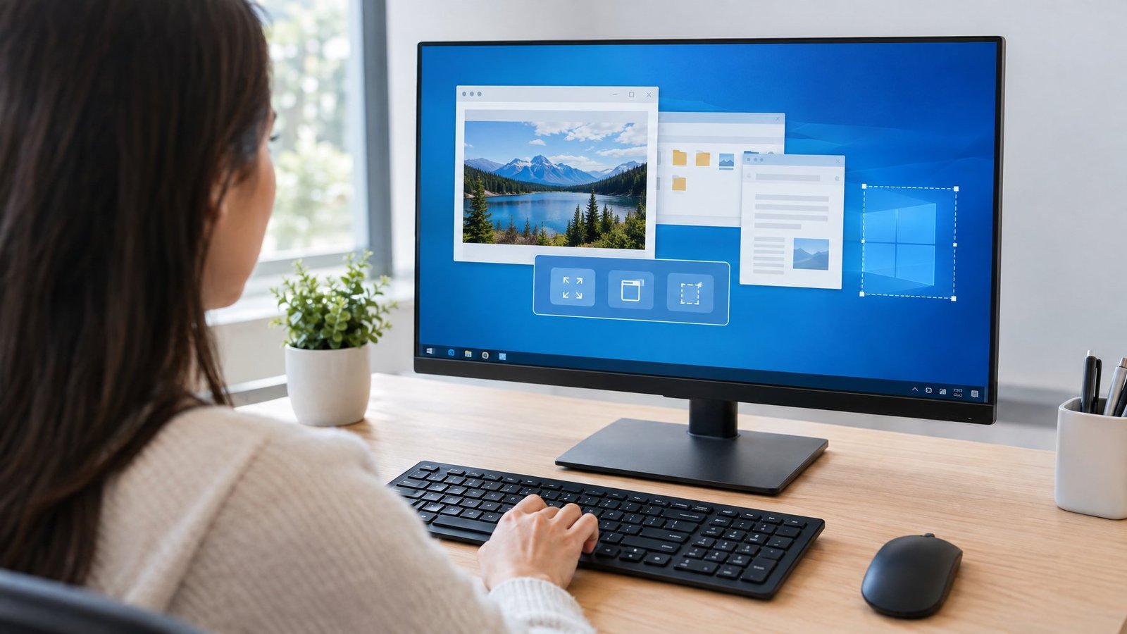 A person uses a keyboard shortcut at a computer with several windows open on the screen.