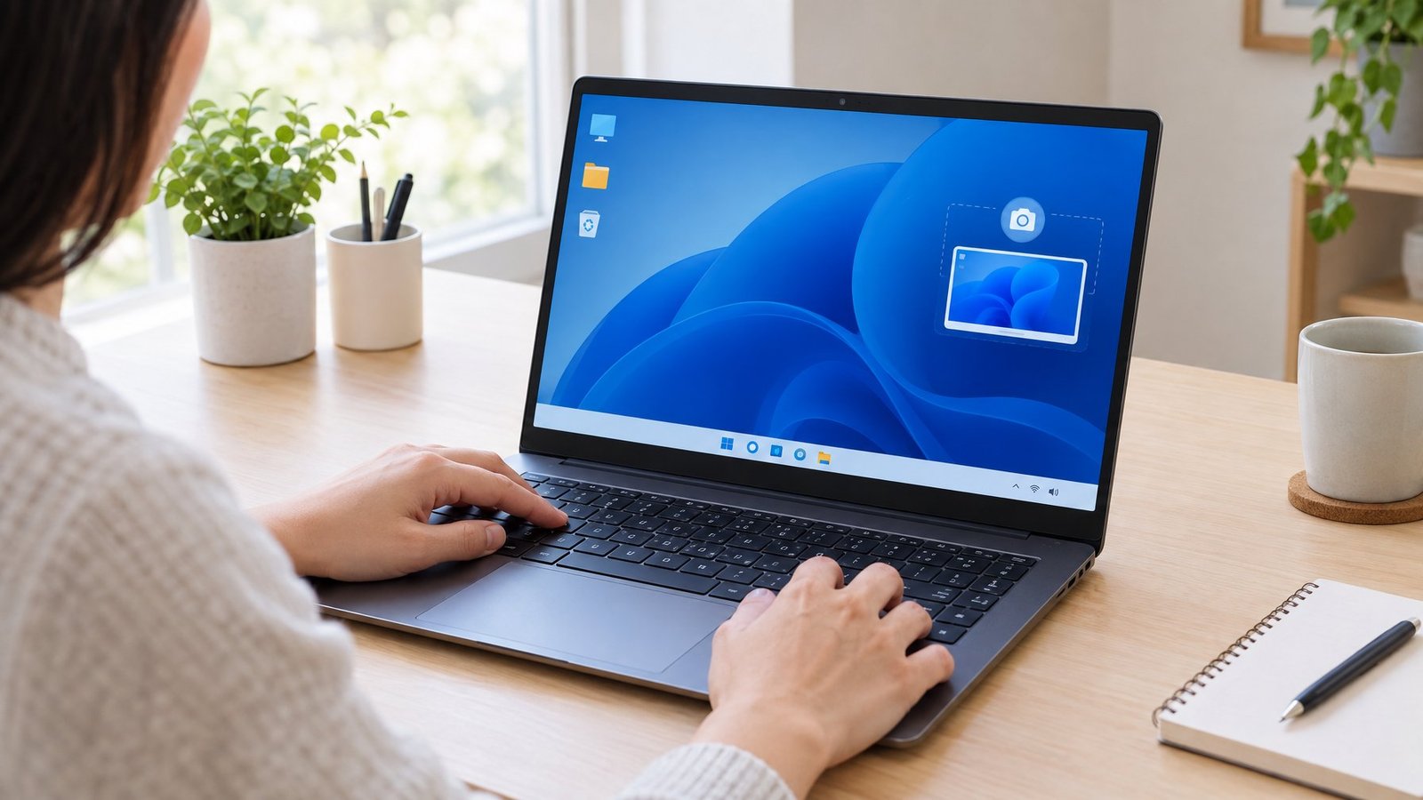 A person using a laptop at a desk.