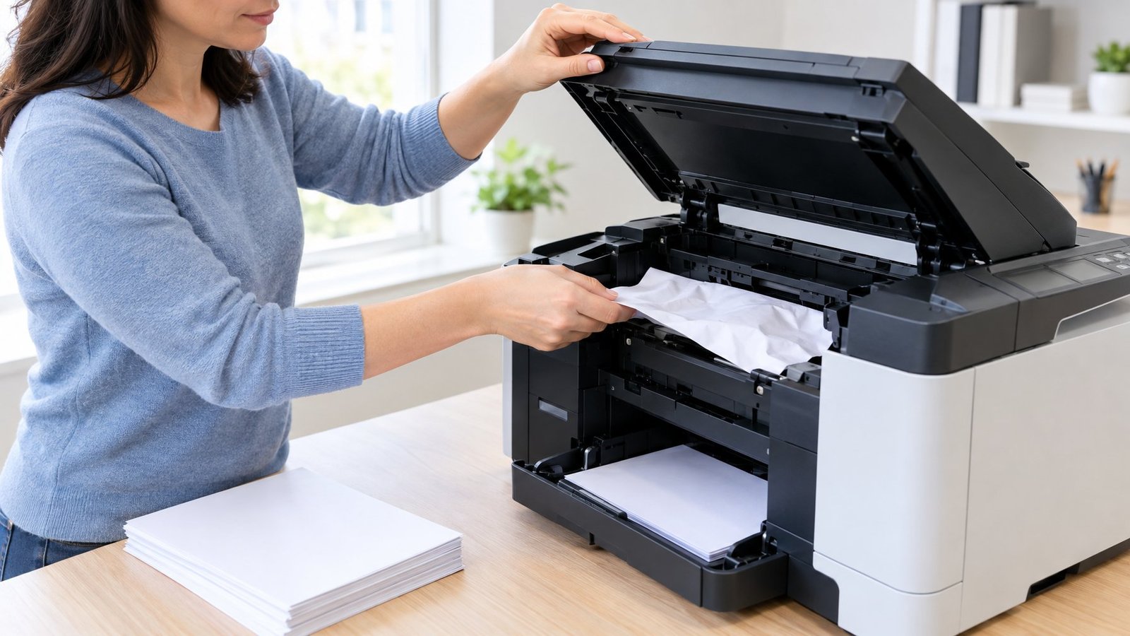 A person gently removes jammed paper from an open printer.