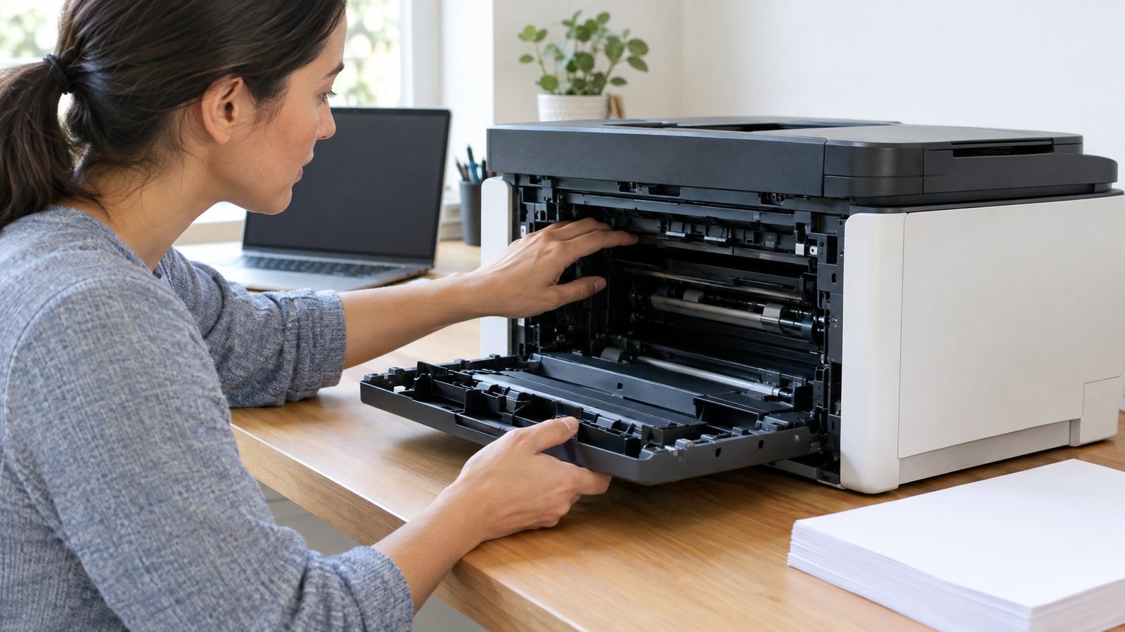 A person checks the open paper path of a printer with no paper visibly stuck.