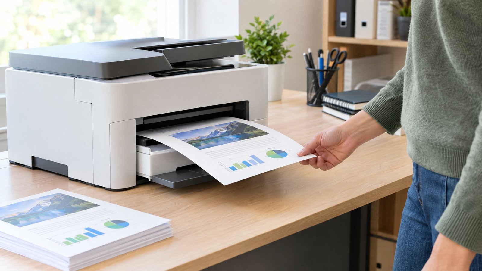 A person collects a printed page from a working printer.