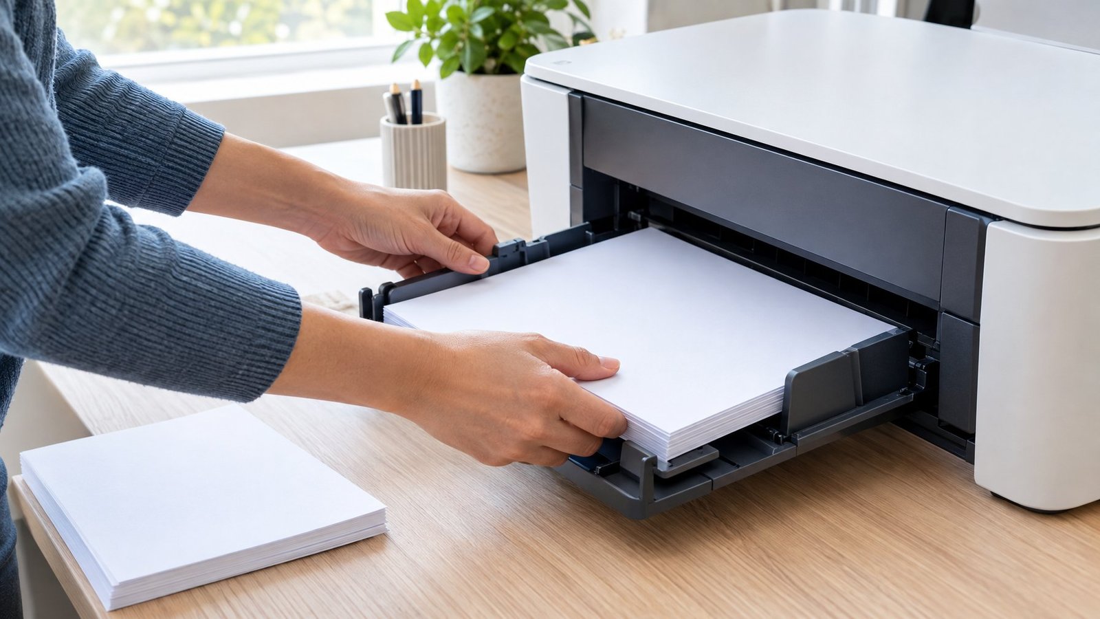 A person aligns paper in a printer’s input tray.
