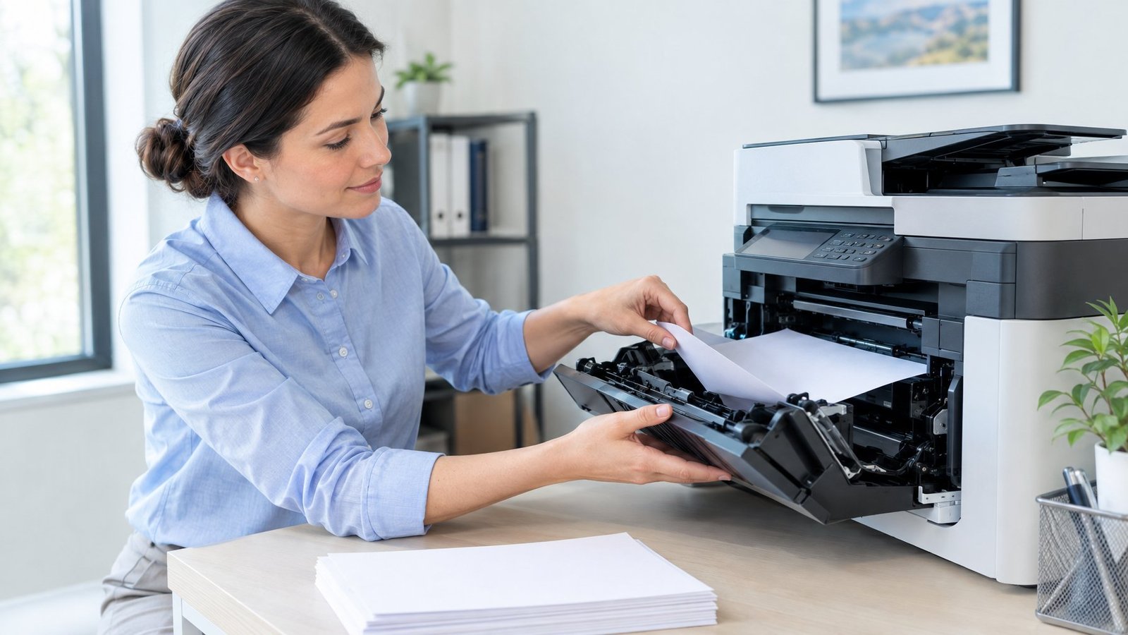 A person removes jammed paper from an open office printer.