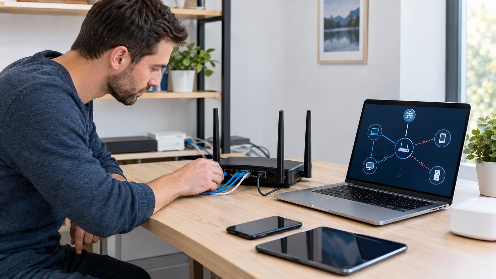 An IT professional checks a router and laptop while troubleshooting a network connection.