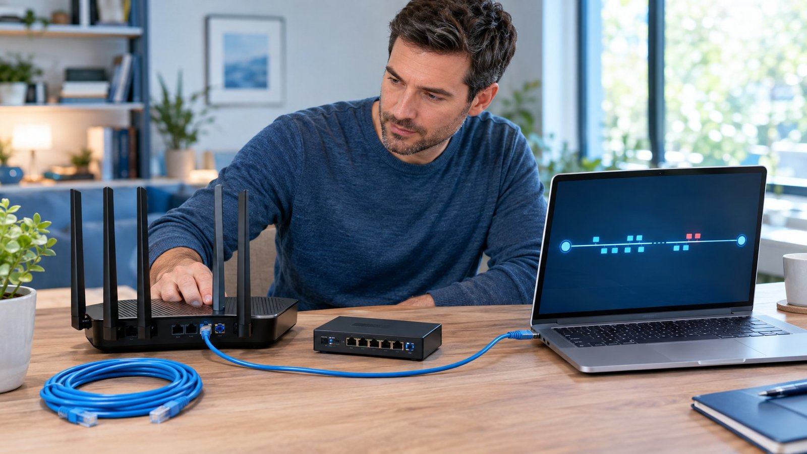 A person checks a laptop, router, and Ethernet cable at a home desk.