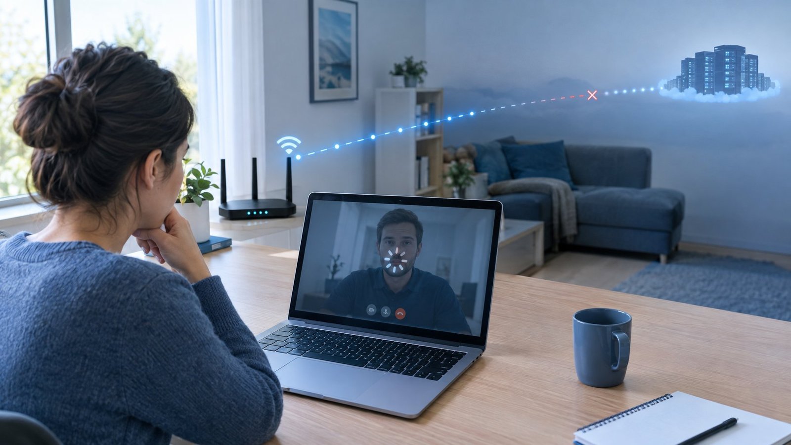 A person at home uses a laptop beside a router while a connection appears interrupted farther away.