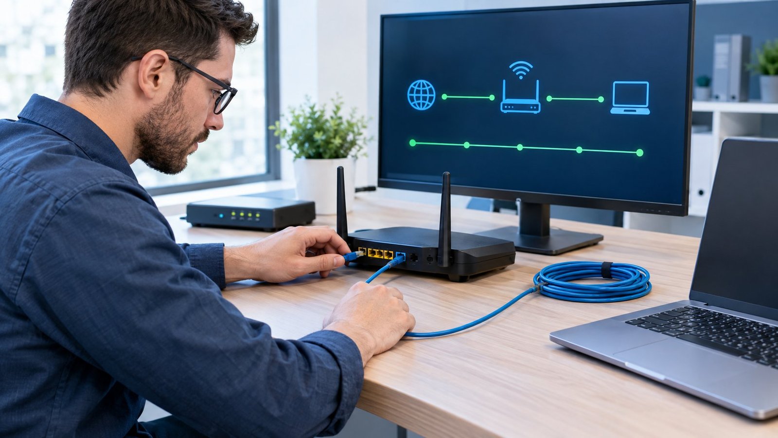A technician checks a network cable and tests a computer connection.