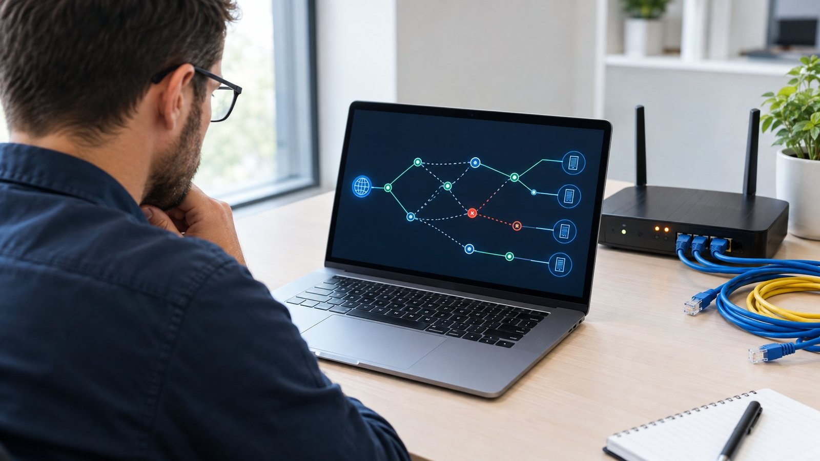 A network engineer examines a laptop beside a router and Ethernet cables.
