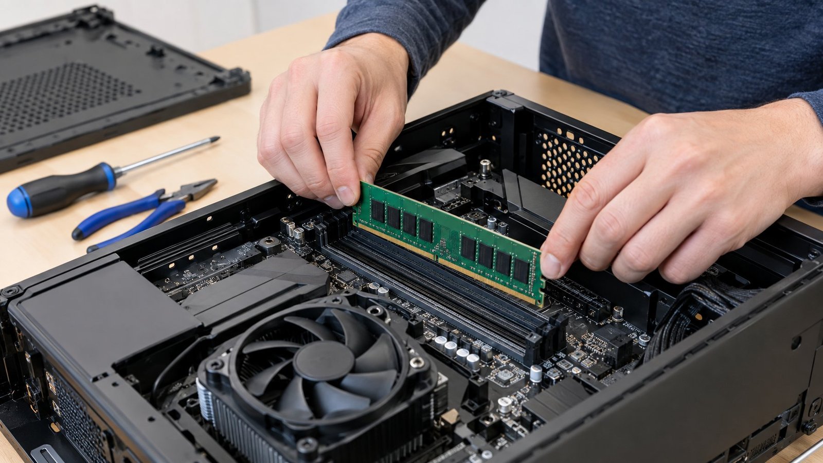 A person aligns a memory module with a slot on an open desktop computer motherboard.