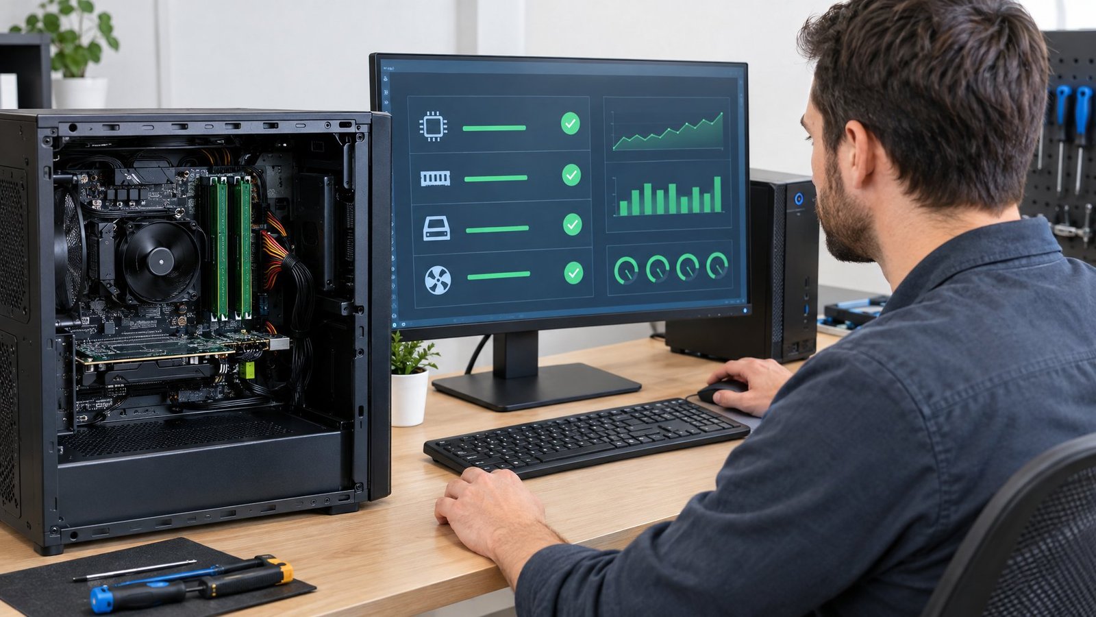 A technician checks a desktop computer with newly installed RAM.
