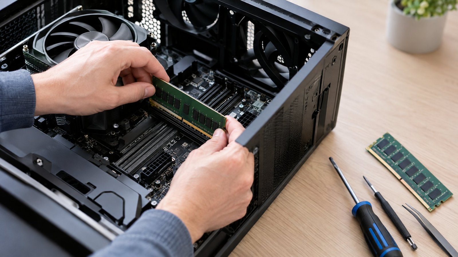 A person installs a RAM module into an open desktop computer.