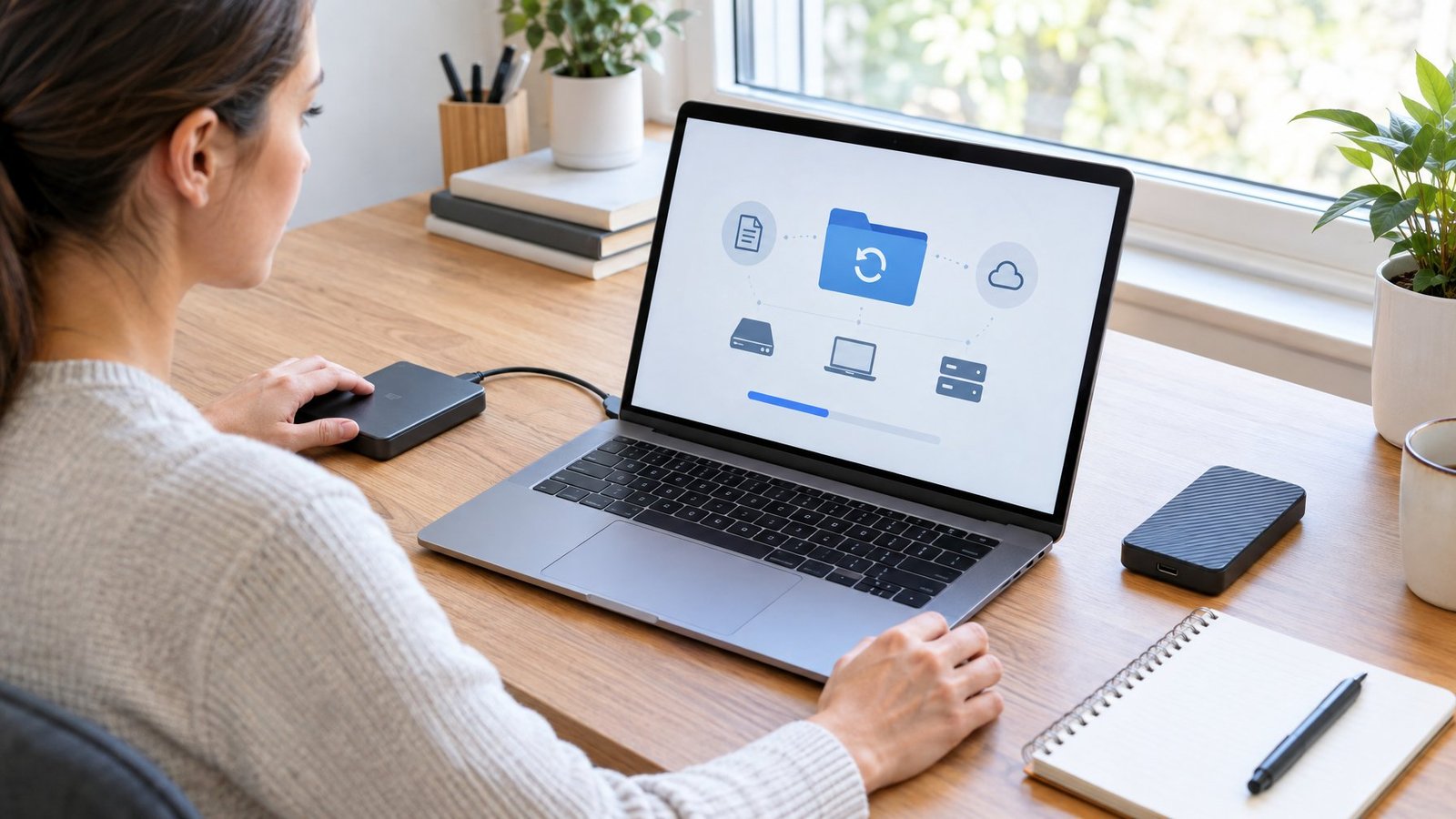 A person prepares to back up files at a desk with a laptop and external storage drives.