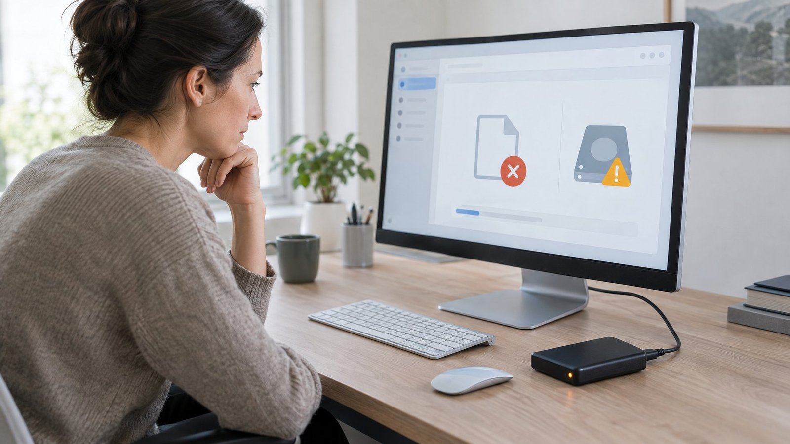 A computer user examines a warning on a monitor beside an external hard drive.