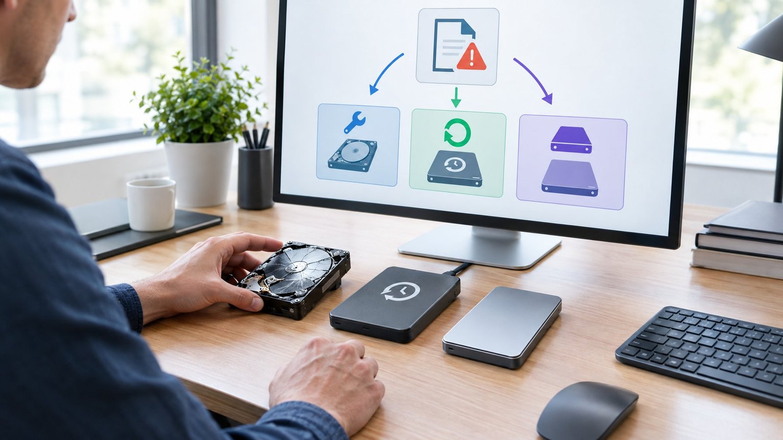 A person compares a damaged storage device, a backup drive, and a replacement drive at a computer workstation.