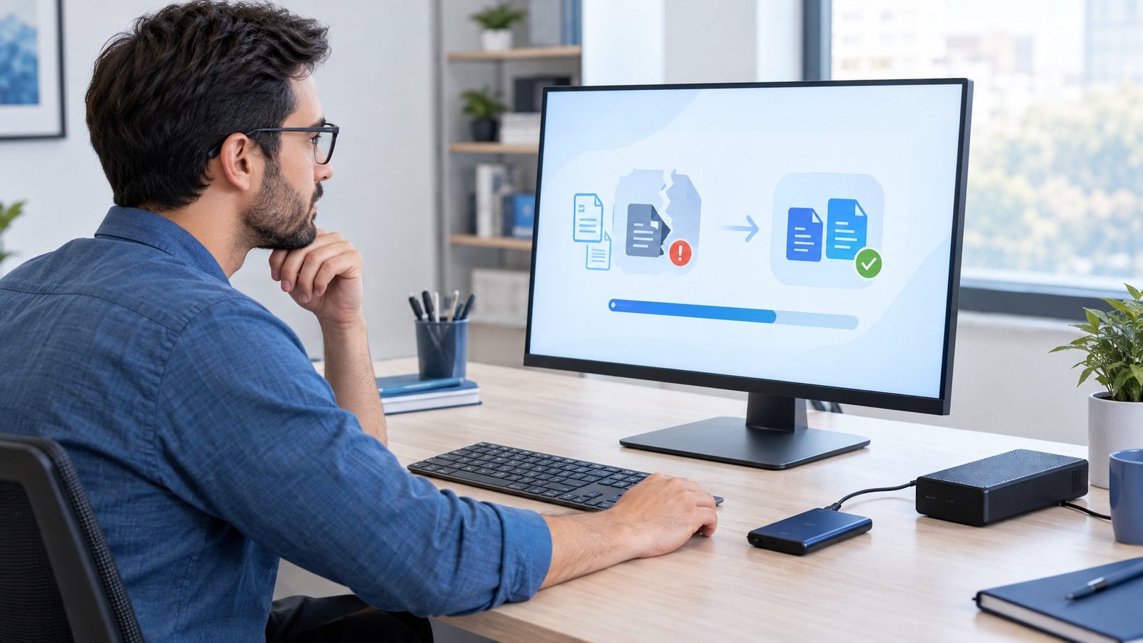 An IT professional troubleshooting a computer beside external storage drives.