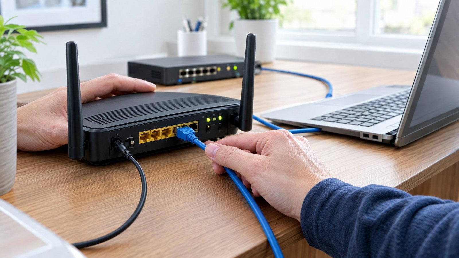A person checks an Ethernet cable connected to a router.