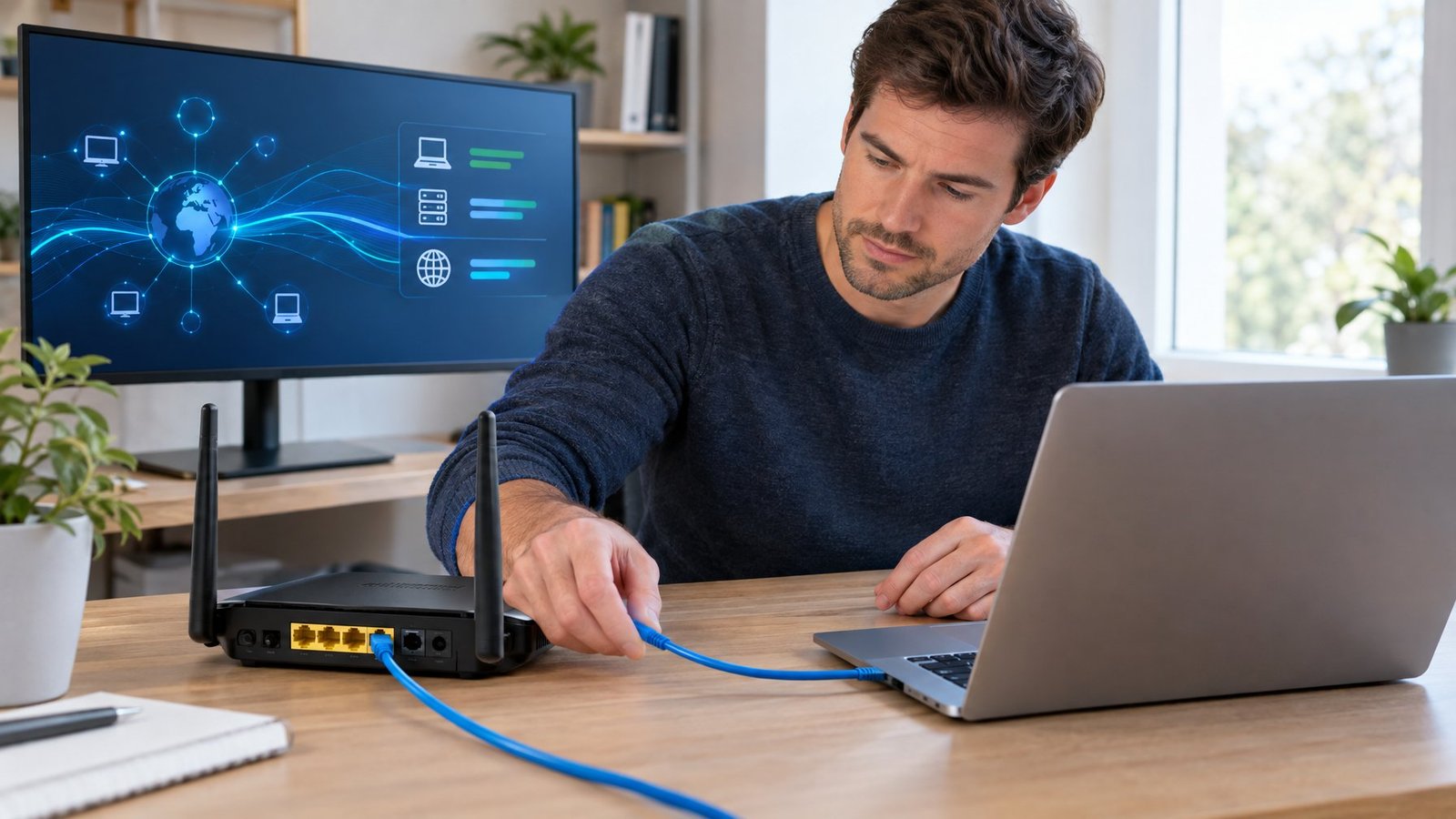 A person connects a laptop to a router with an Ethernet cable.