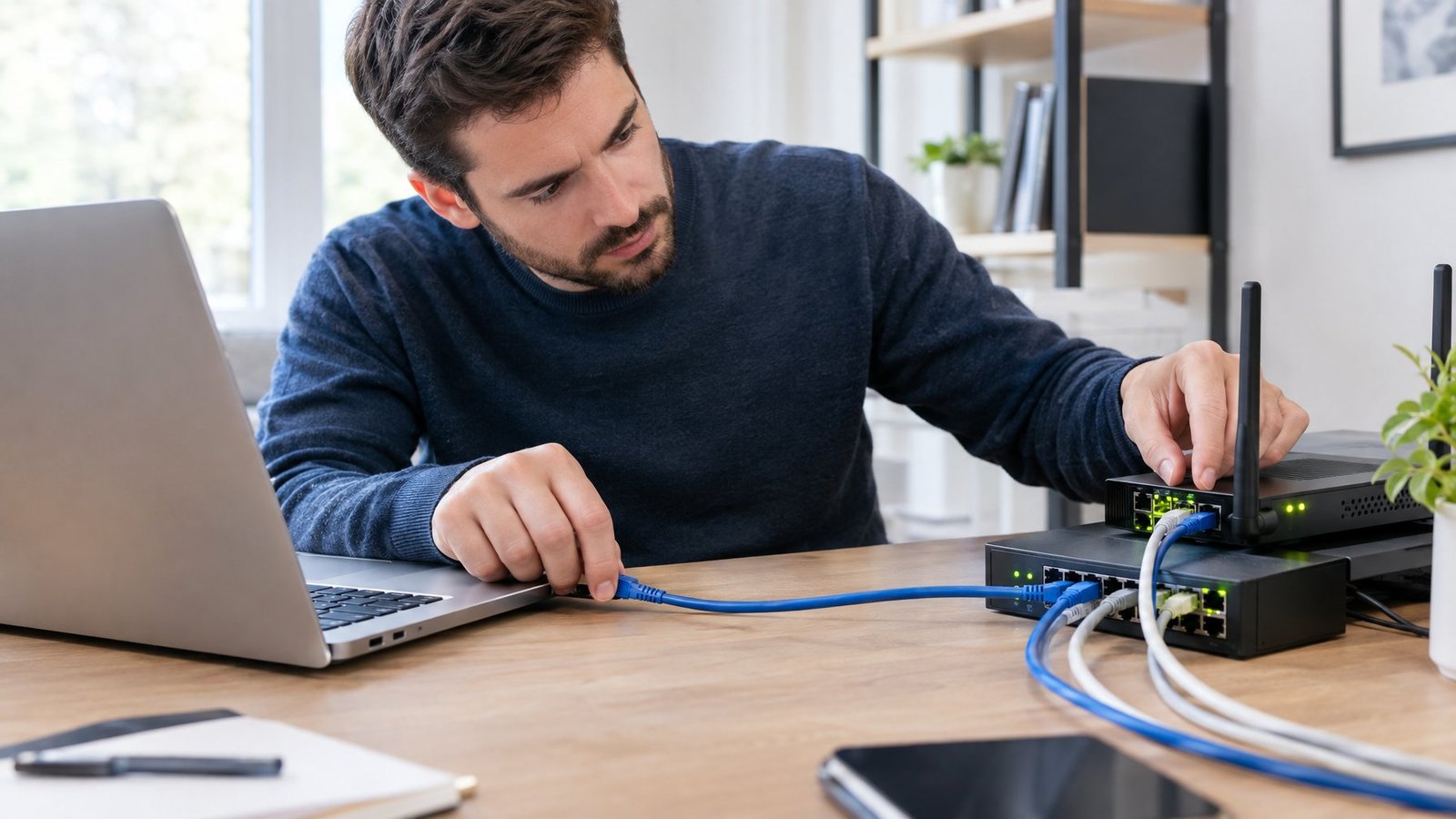 A person checks Ethernet cable connections between a computer and a router.