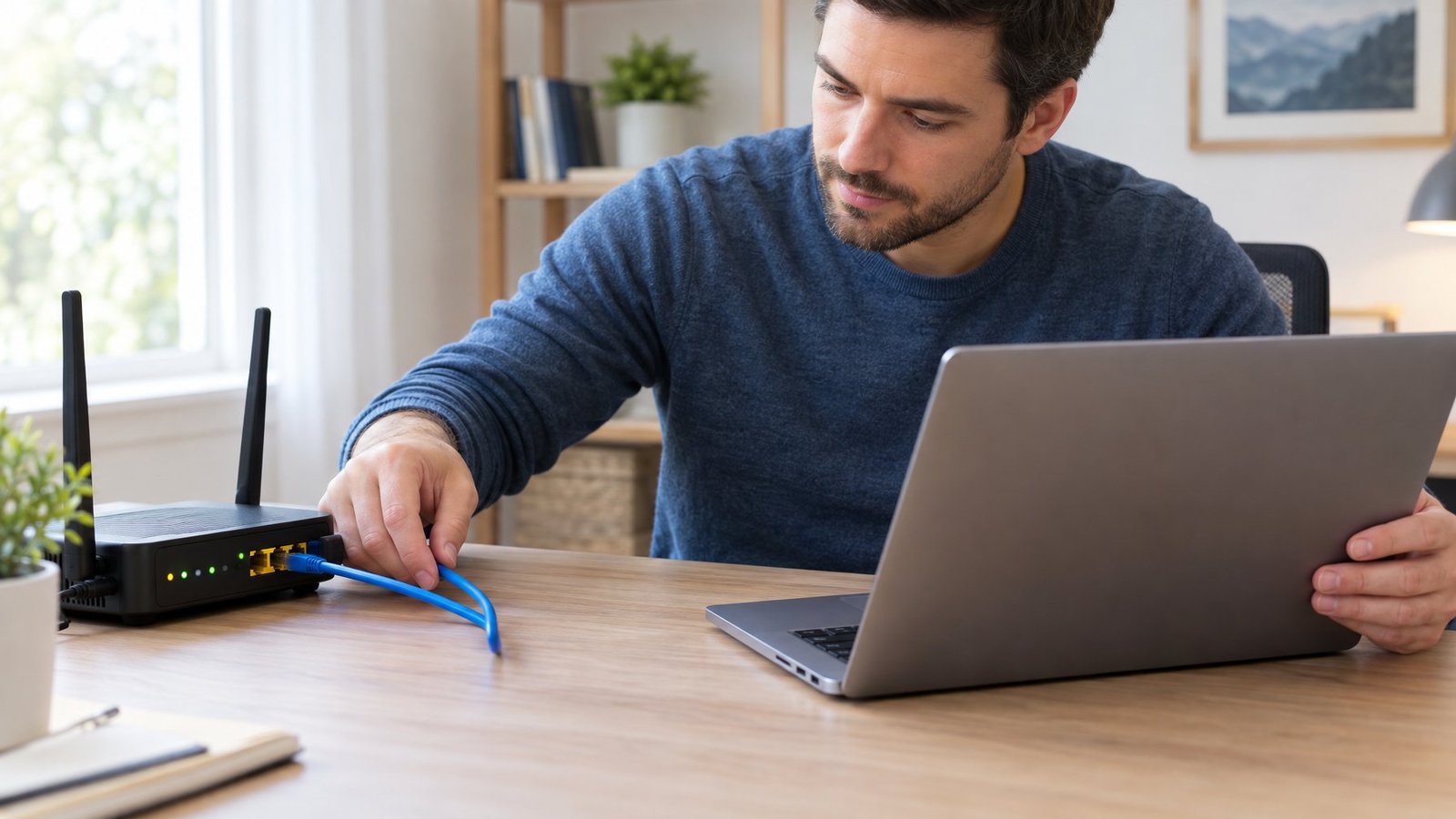 A person connects an Ethernet cable to a router beside a laptop.