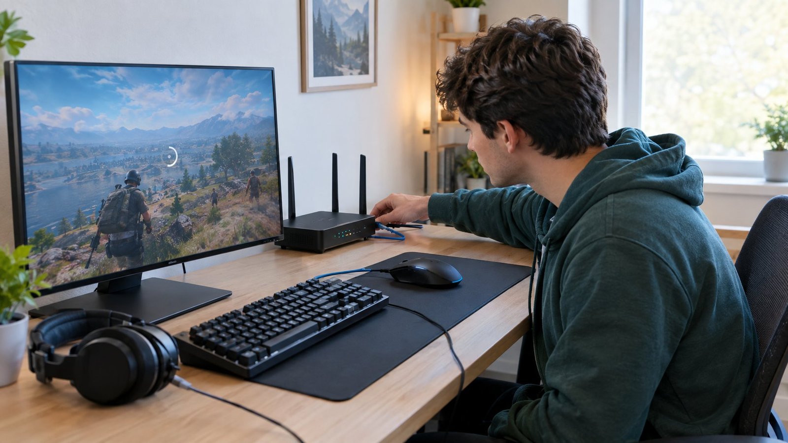A gamer checks a Wi-Fi router and cable beside a computer.