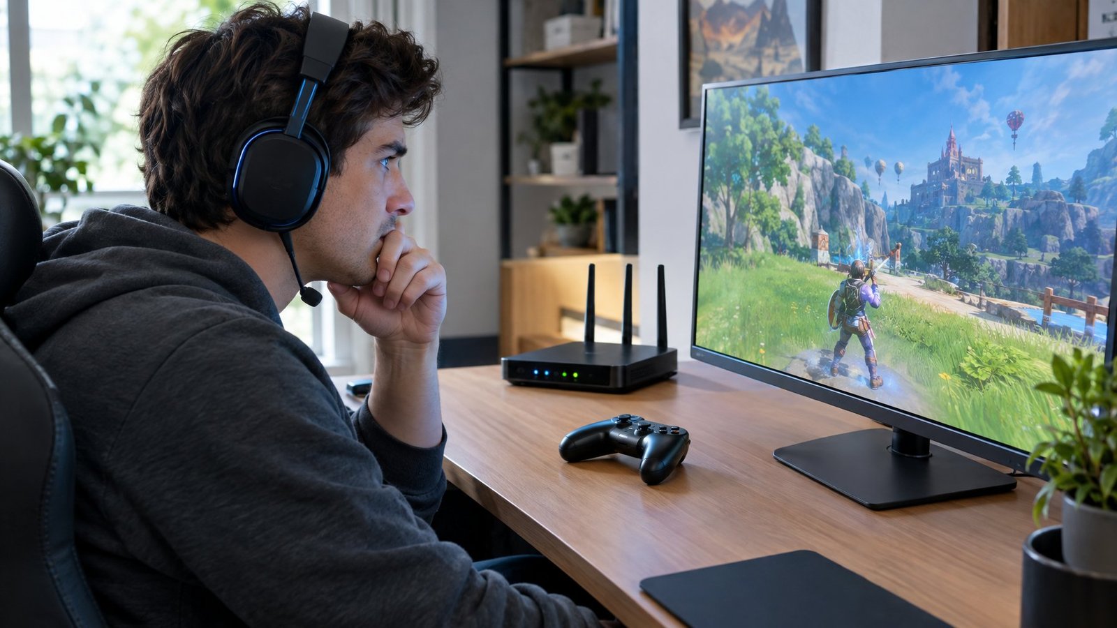 A gamer studies a frozen game scene beside a Wi-Fi router.