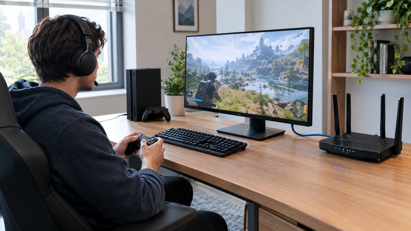 A person plays an online game at a desk beside a Wi-Fi router connected by an Ethernet cable.