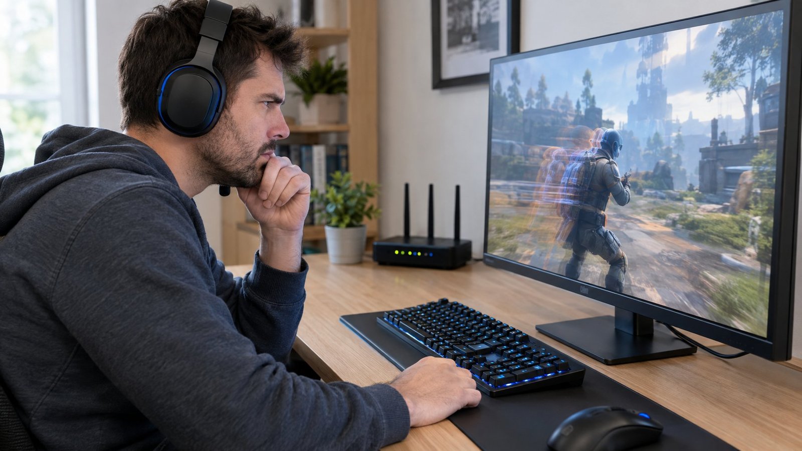 A gamer pauses at a desk to investigate a lagging online game.