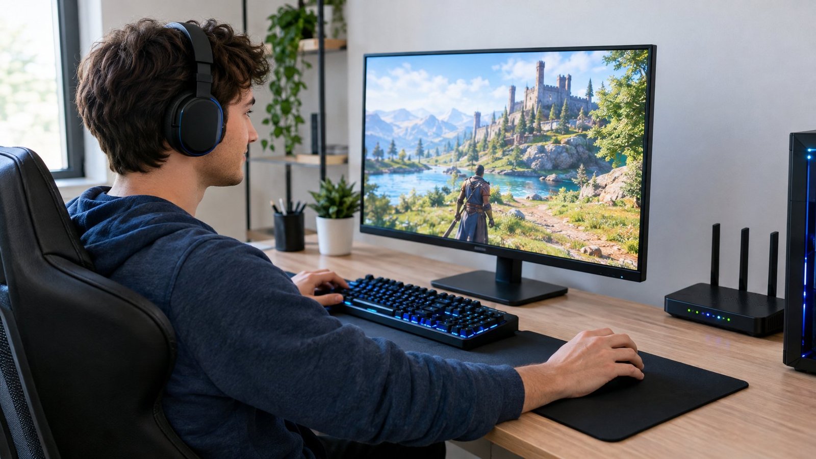 A gamer plays at a computer beside a wireless router.