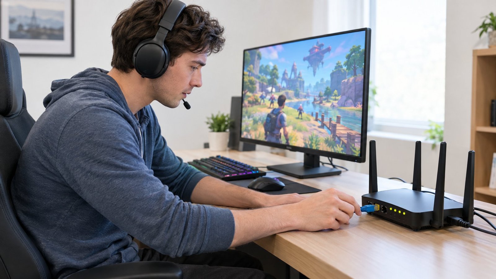 A gamer checks a Wi-Fi router beside a gaming computer.