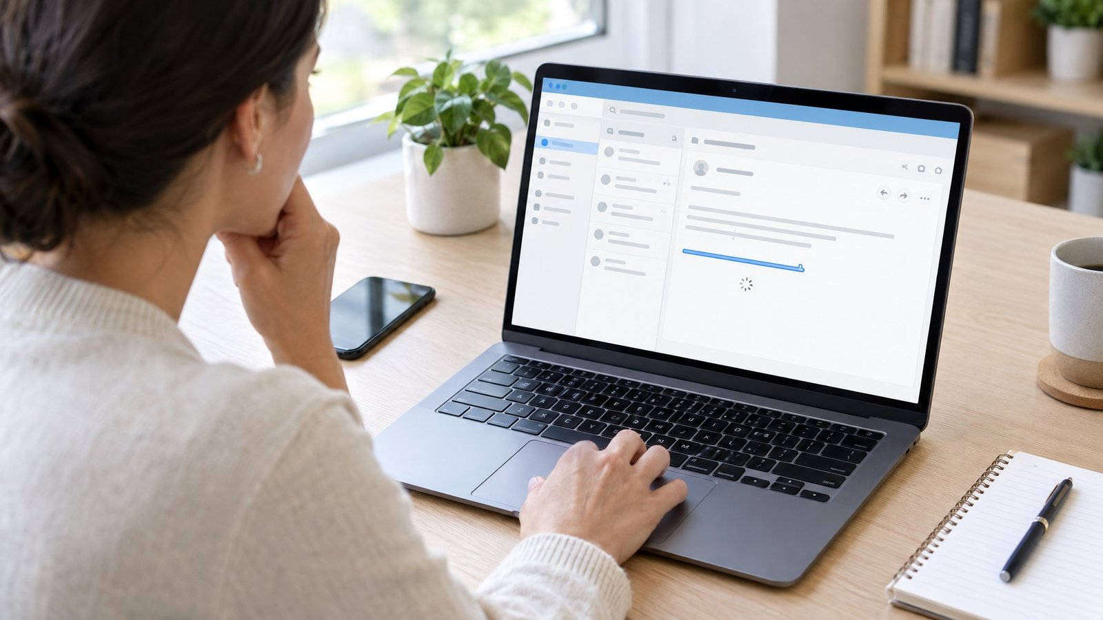 A professional tests a hyperlink in an email on a laptop.