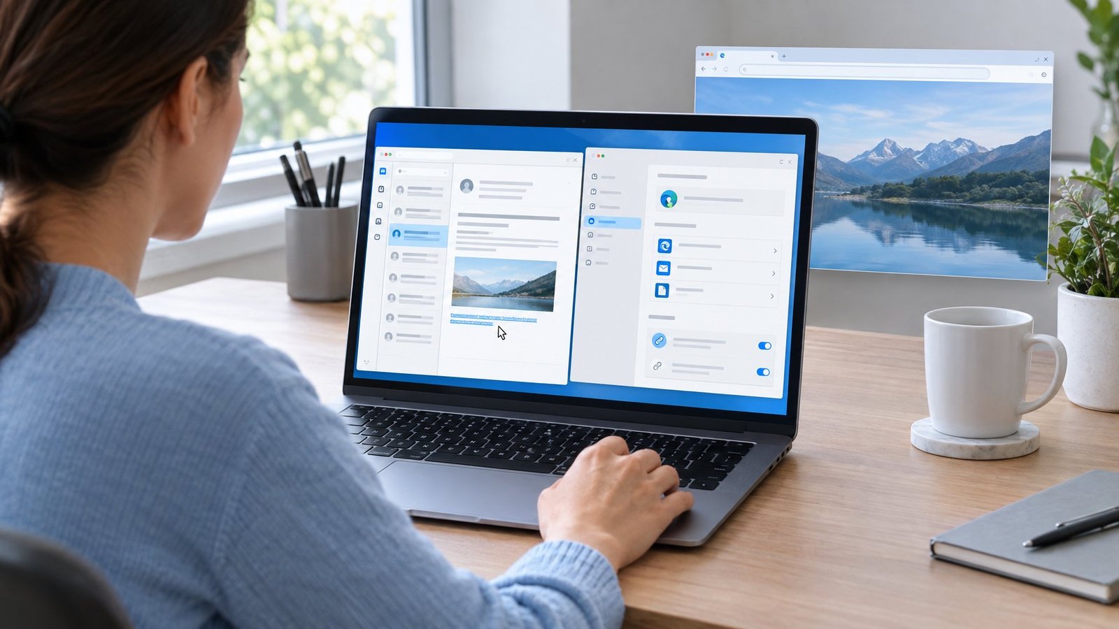 A person checks email and browser settings on a laptop.