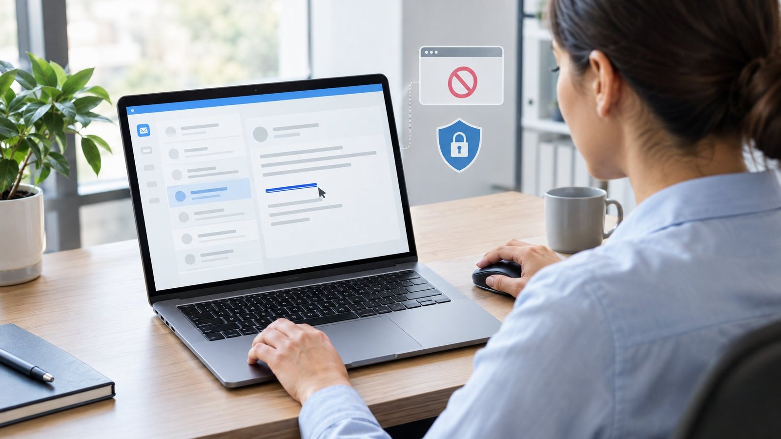 An office worker checks an email on a laptop beside browser and security icons.