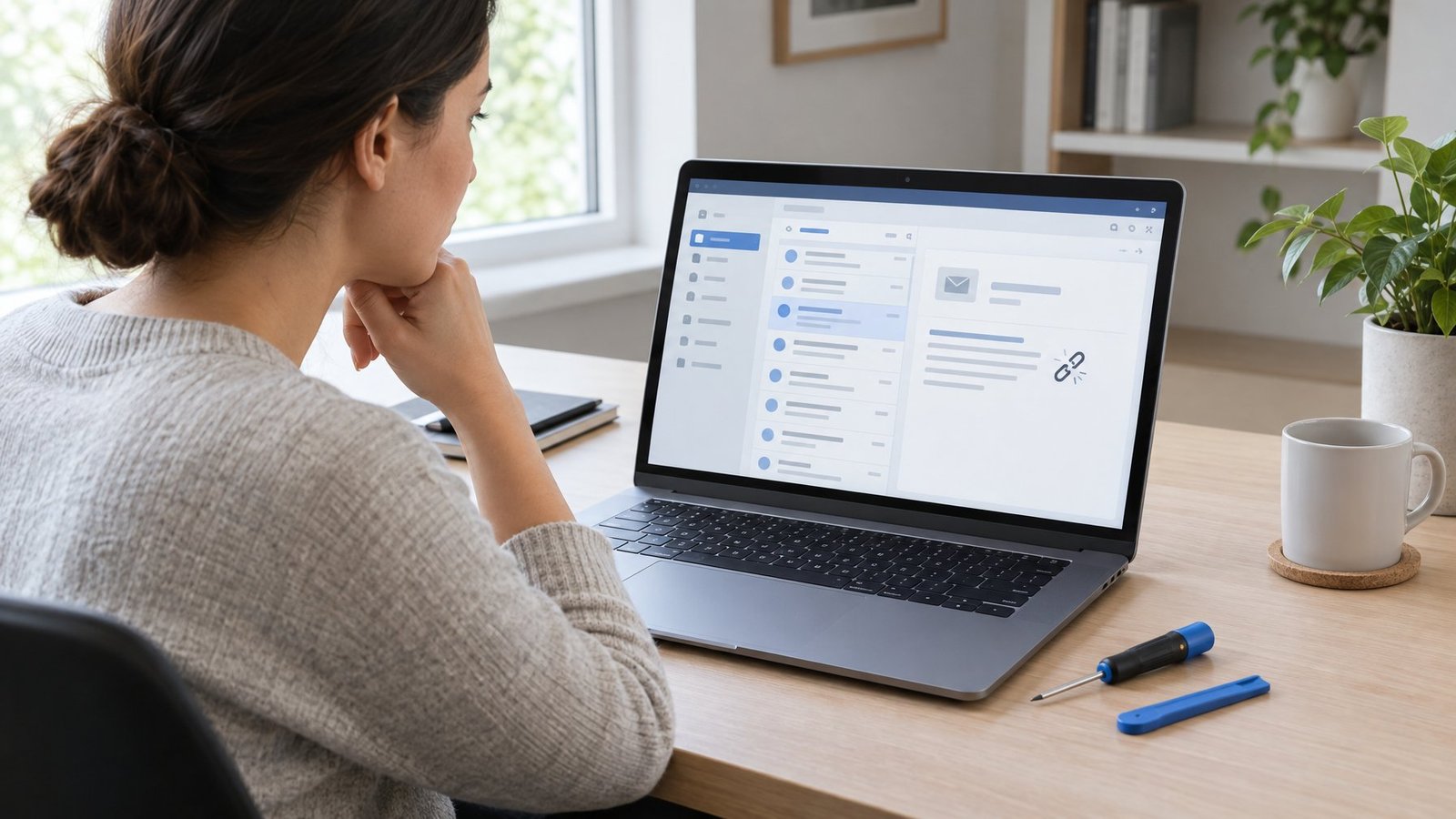 A person checks an email app on a laptop beside small repair tools.