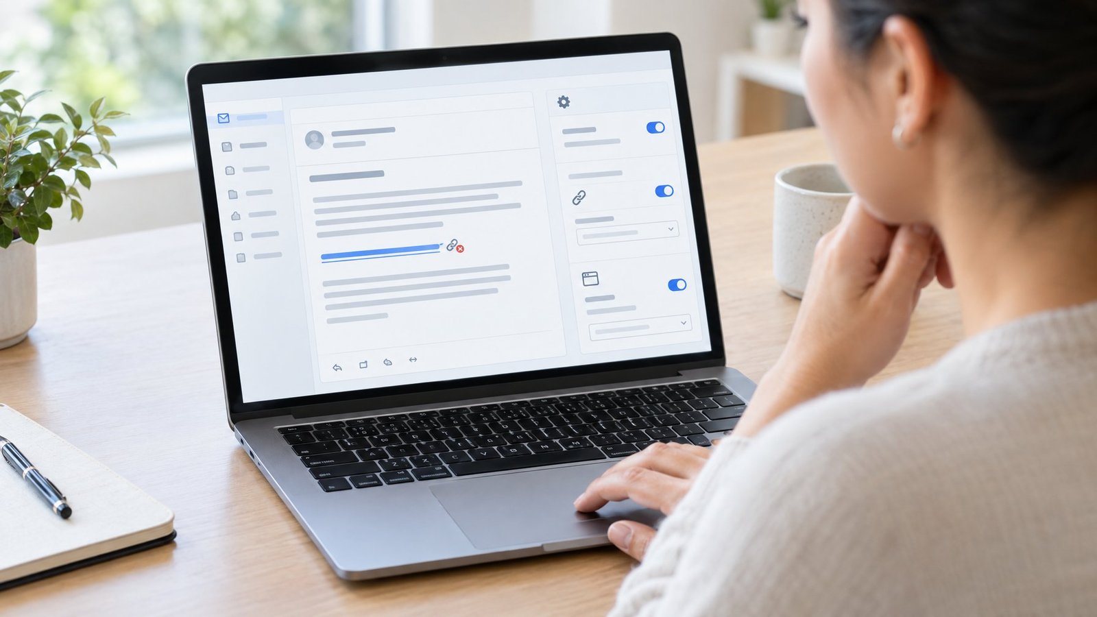 An office worker checks a broken email link and its settings on a laptop.