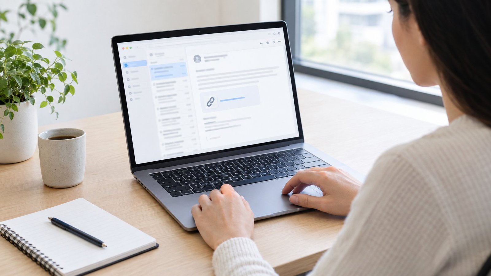 An office worker checks an email link on a laptop.