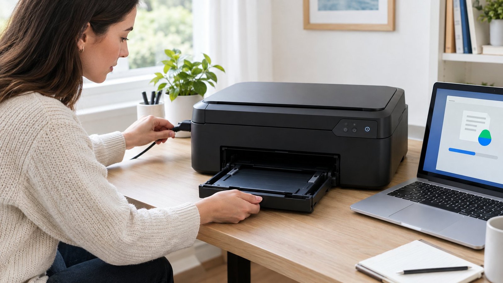 A person checks the power cable and paper tray of an idle printer beside a laptop.